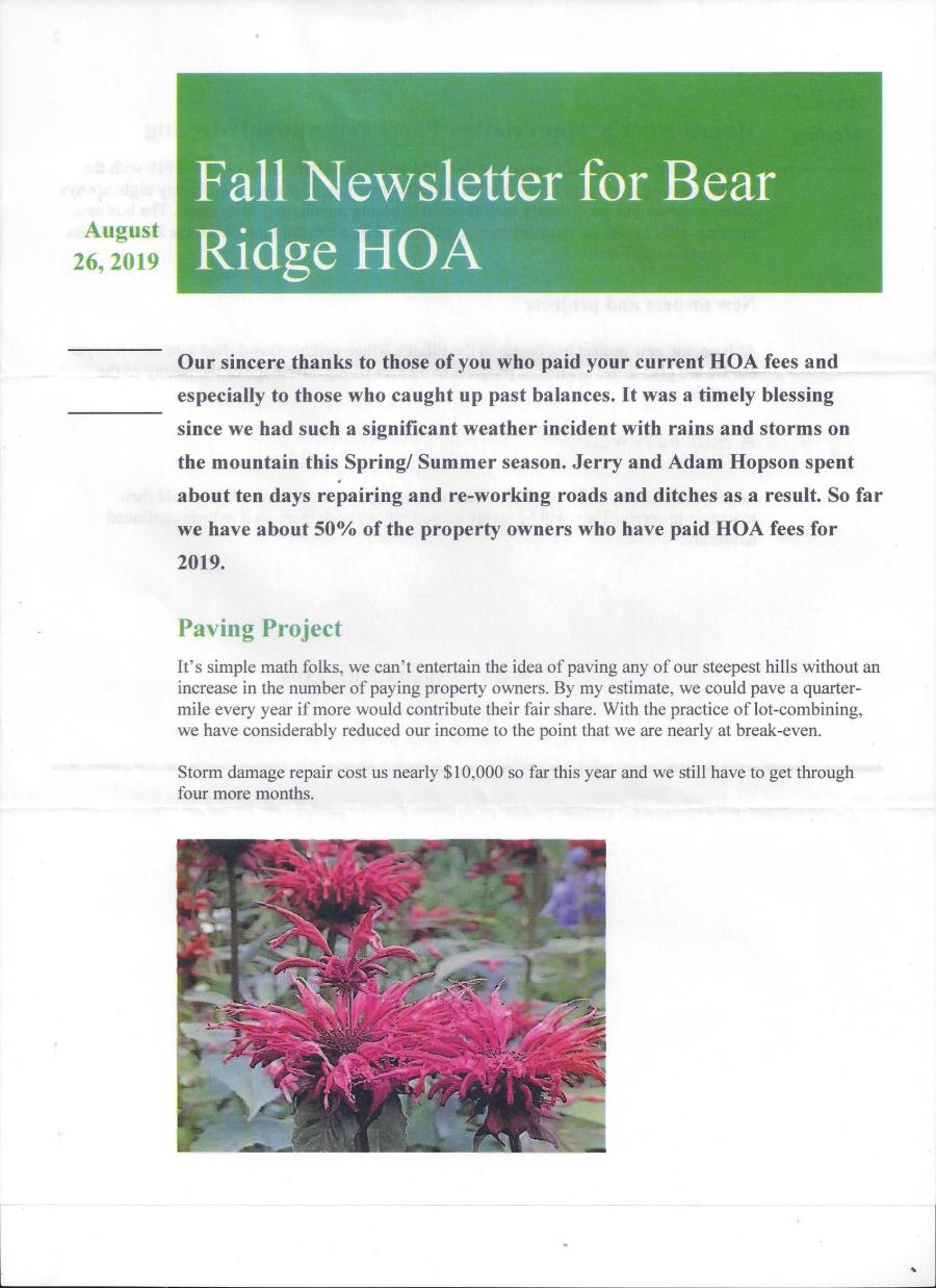 Bear Ridge HOA newsletter Aug2019 page 1
